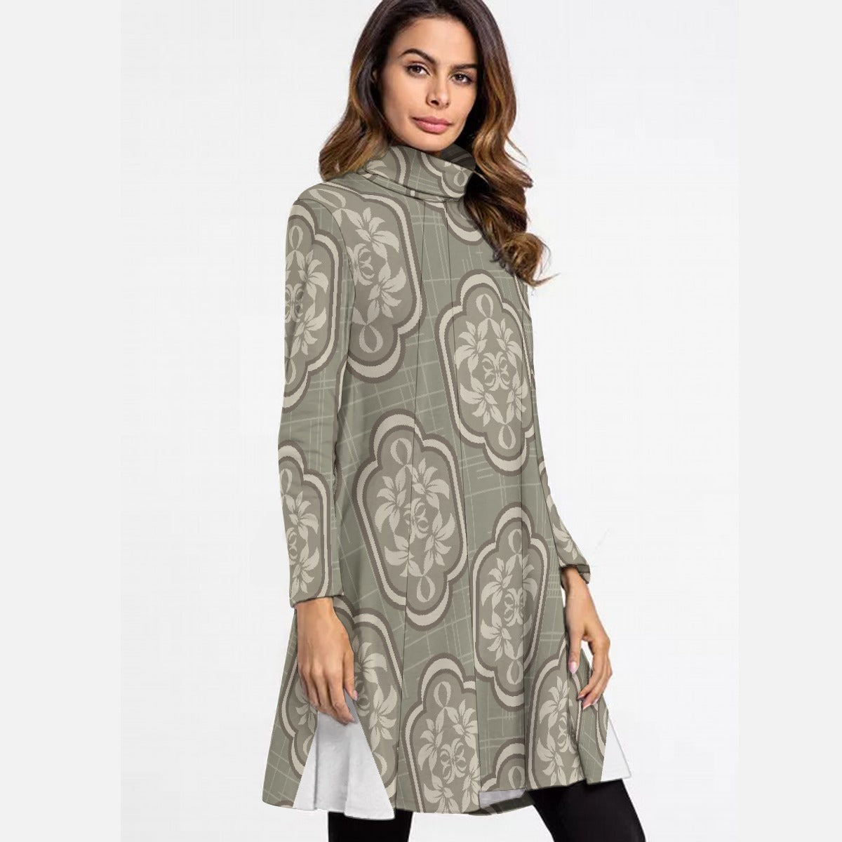 All-Over Print Women's High Neck Dress With Long Sleeve