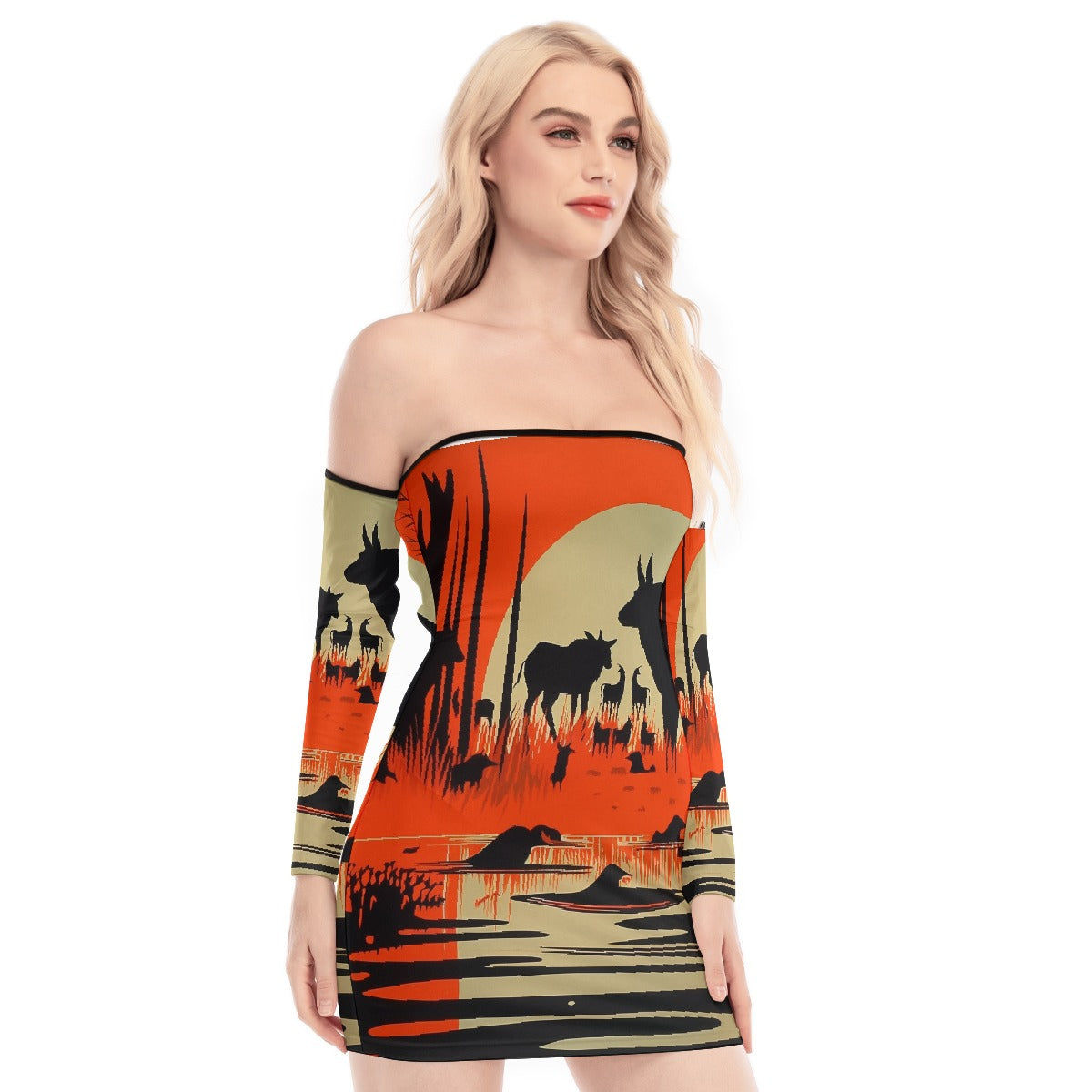 All-Over Print Women's Off-shoulder Back Lace-up Dress