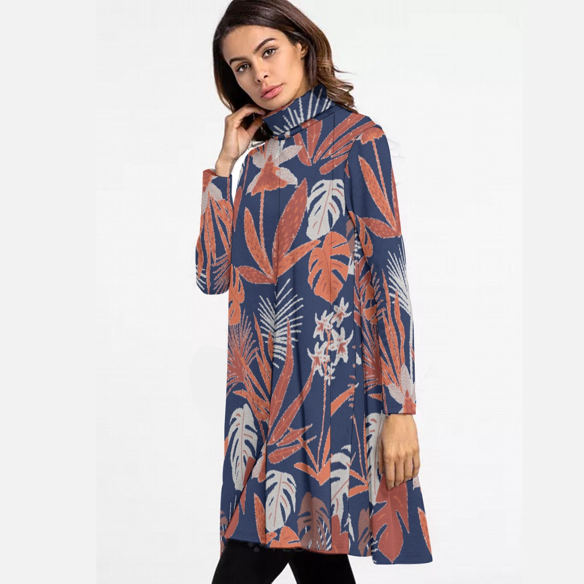 All-Over Print Women's High Neck Dress With Long Sleeve