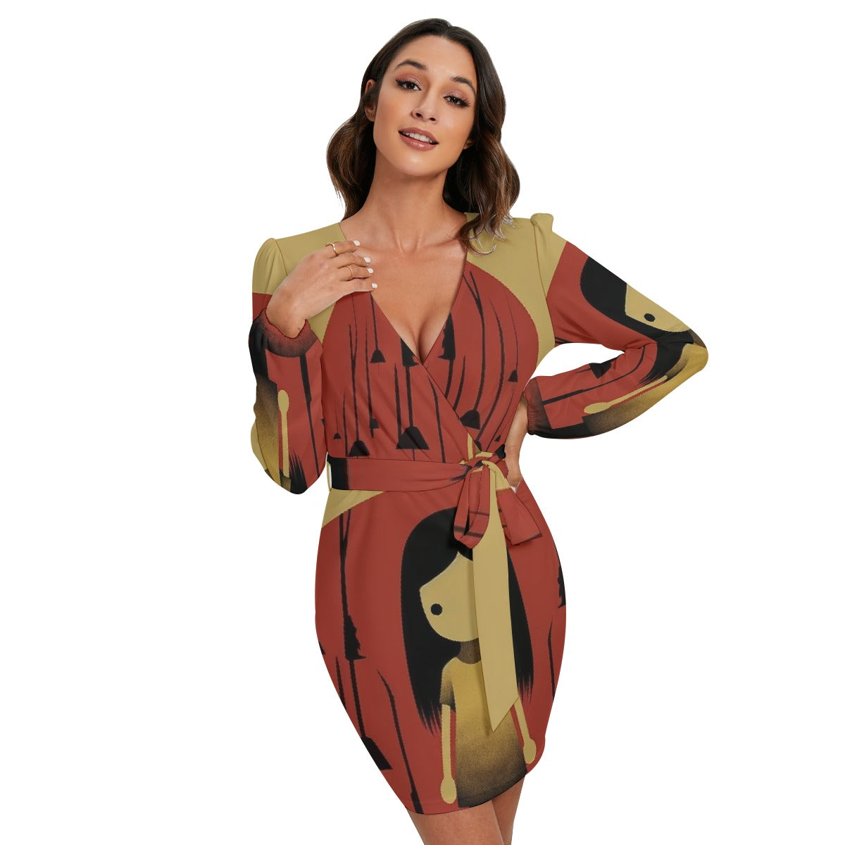 All-Over Print Women's Long Sleeve Dress With Waist Belt