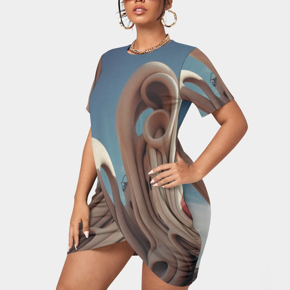 All-Over Print Women’s Stacked Hem Dress With Short Sleeve（Plus Size）