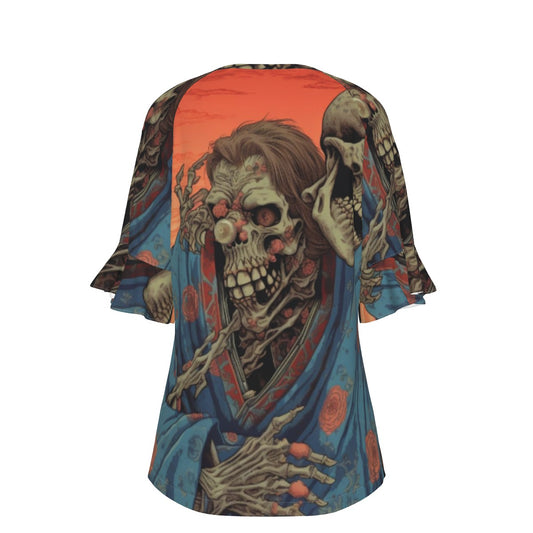 All-Over Print V-neck Women's T-shirt With Bell Sleeve