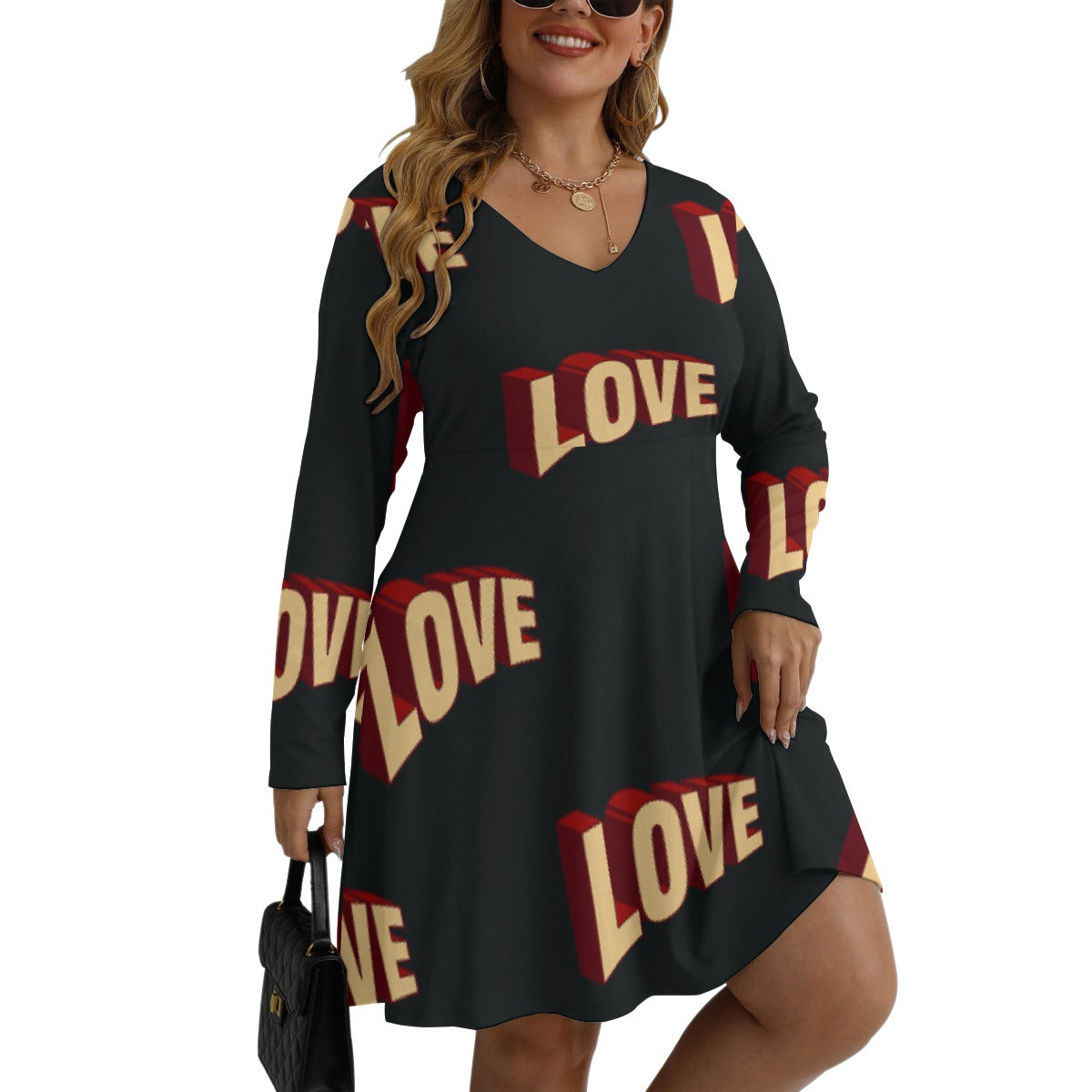 All-Over Print Women's V-neck Long Sleeve Dress(Plus Size)