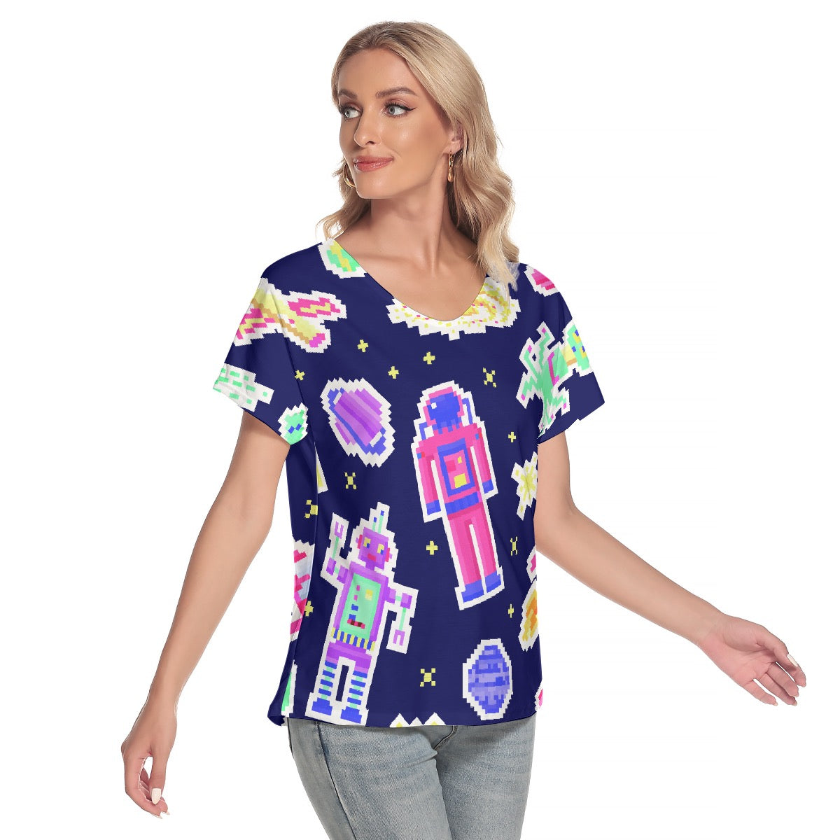 All-Over Print Women's Loose V-neck Short Sleeve T-shirt