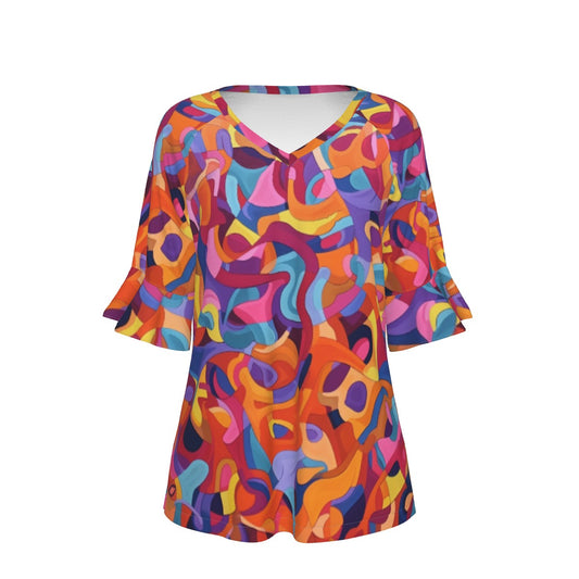 All-Over Print V-neck Women's T-shirt With Bell Sleeve