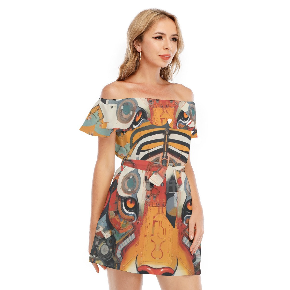 All-Over Print Women's Off-shoulder Dress With Ruffle