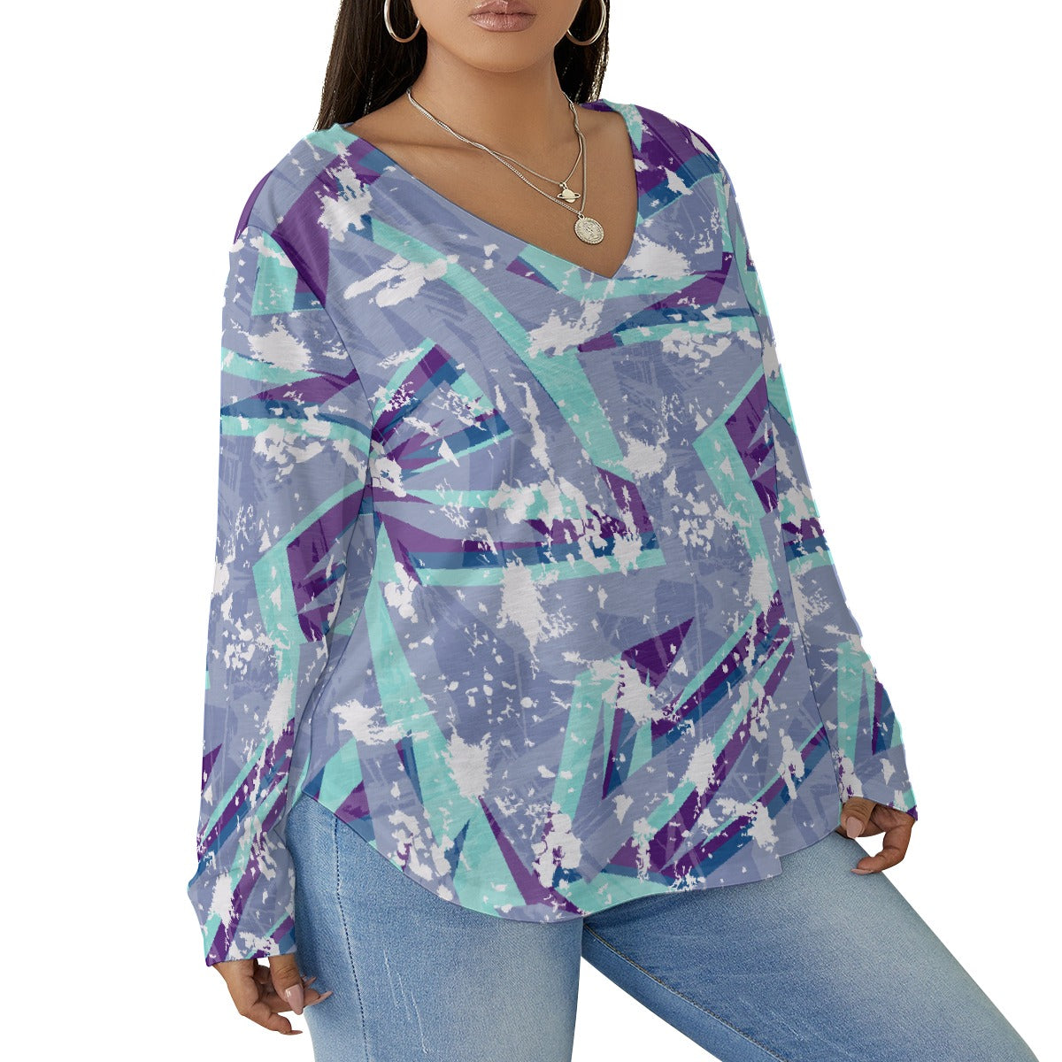 All-Over Print Women's V-neck T-shirt With Curved Hem(Plus Size)