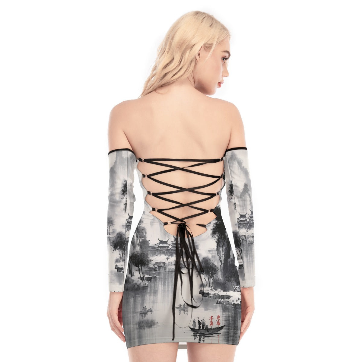 All-Over Print Women's Off-shoulder Back Lace-up Dress