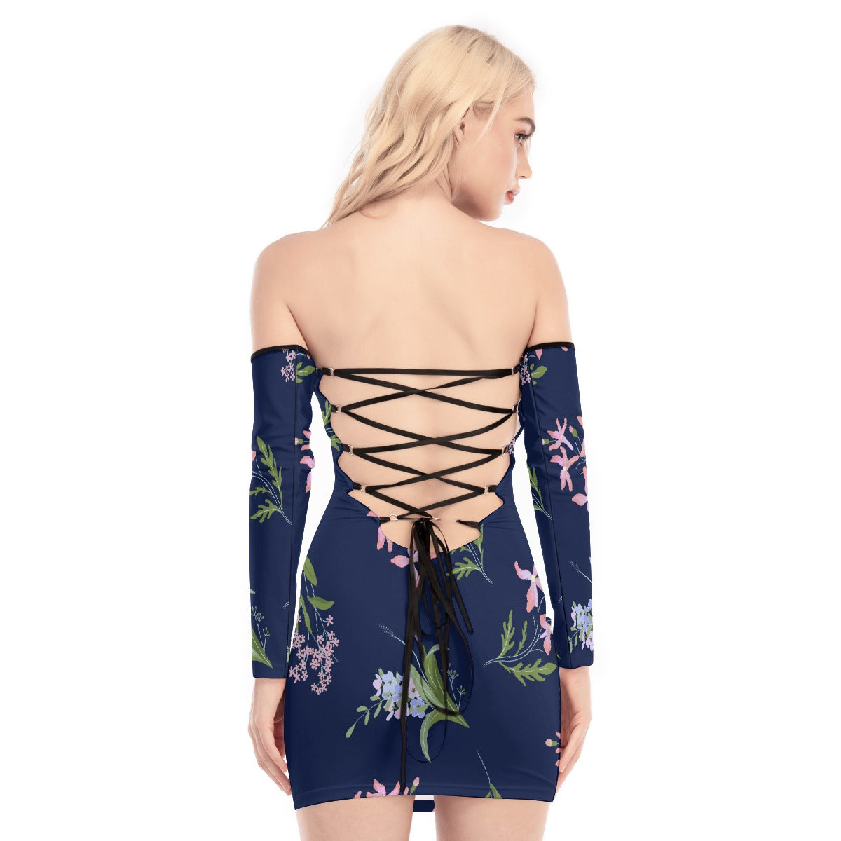 All-Over Print Women's Off-shoulder Back Lace-up Dress