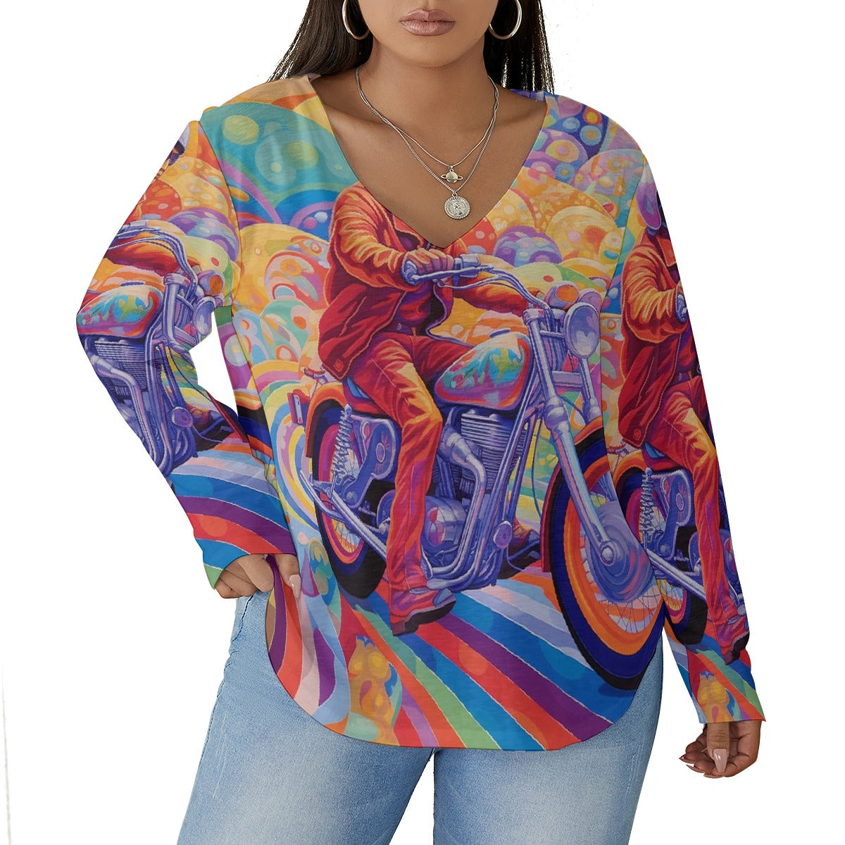 All-Over Print Women's V-neck T-shirt With Curved Hem(Plus Size)