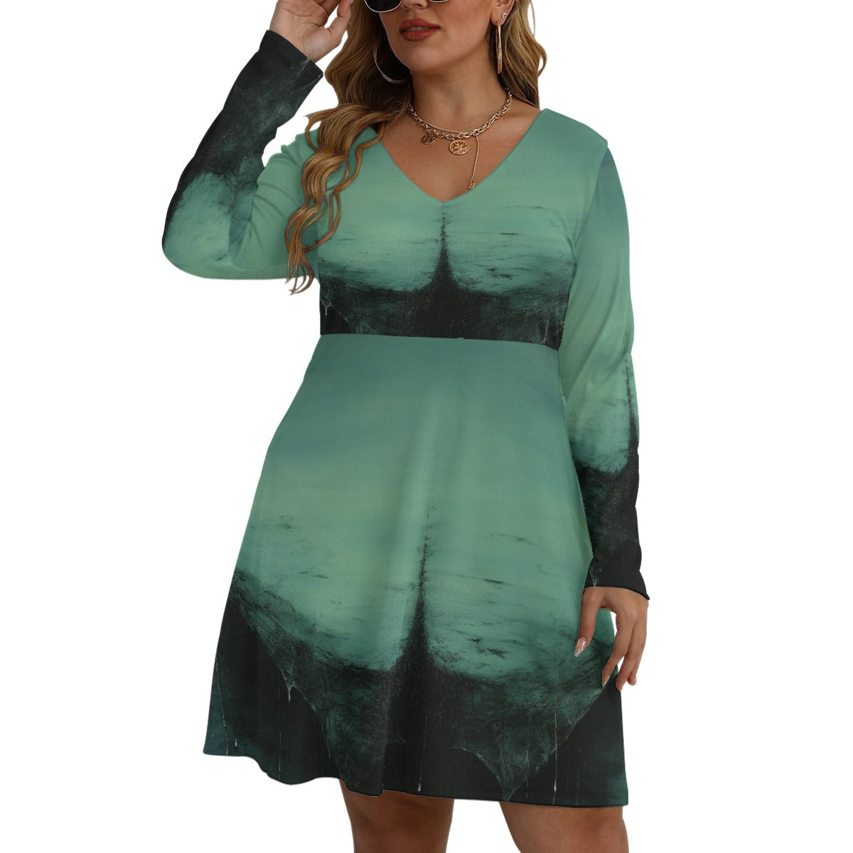 All-Over Print Women's V-neck Long Sleeve Dress(Plus Size)