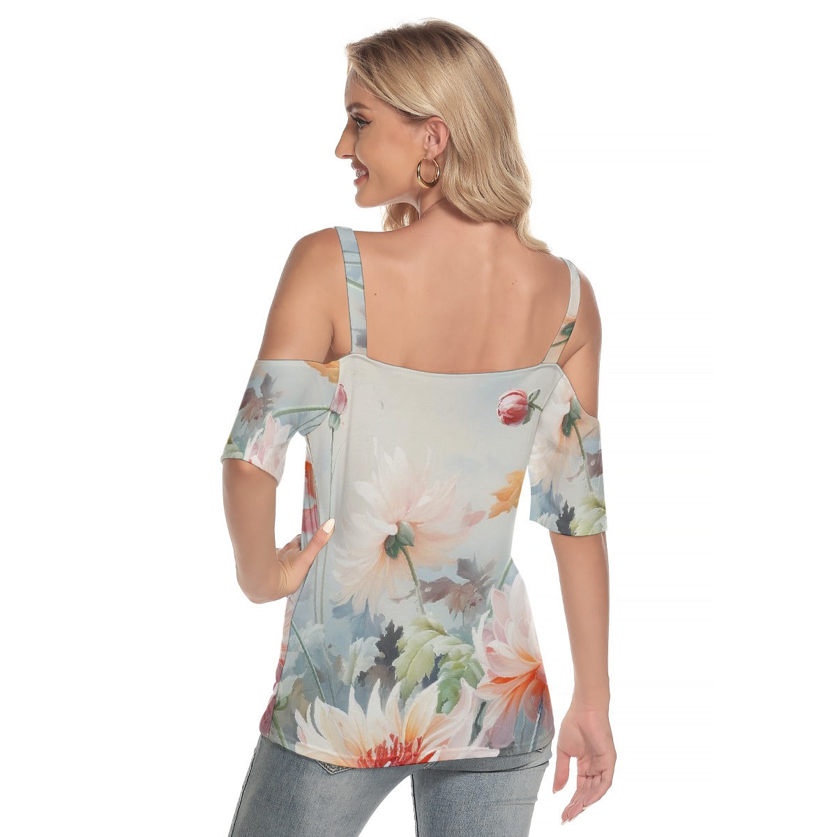 All-Over Print Women's Cold Shoulder T-shirt With Criss Cross Strips