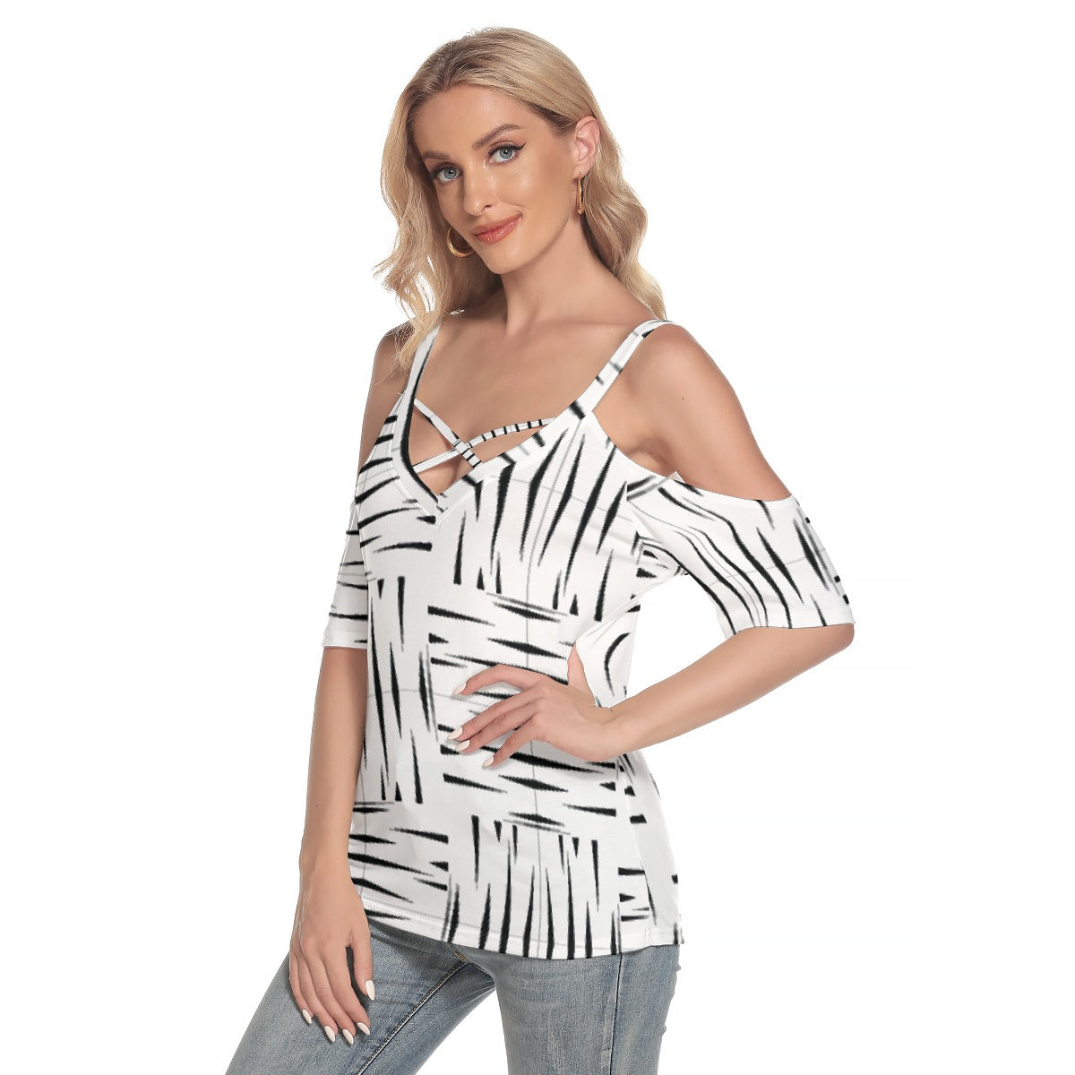 All-Over Print Women's Cold Shoulder T-shirt With Criss Cross Strips