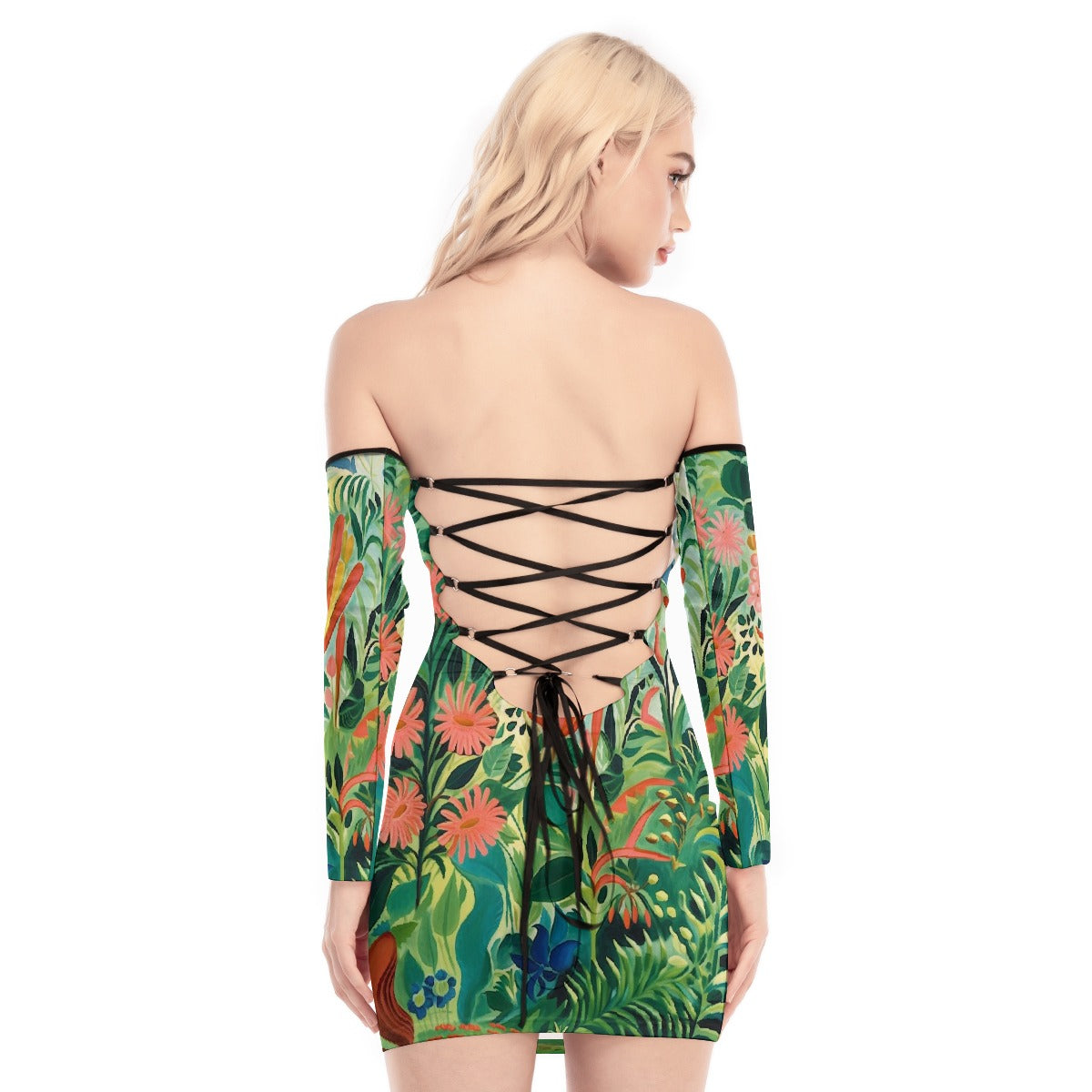 All-Over Print Women's Off-shoulder Back Lace-up Dress