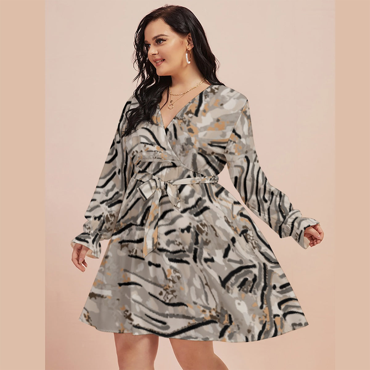 All-Over Print Women's V-neck Dress With Waistband(Plus Size)