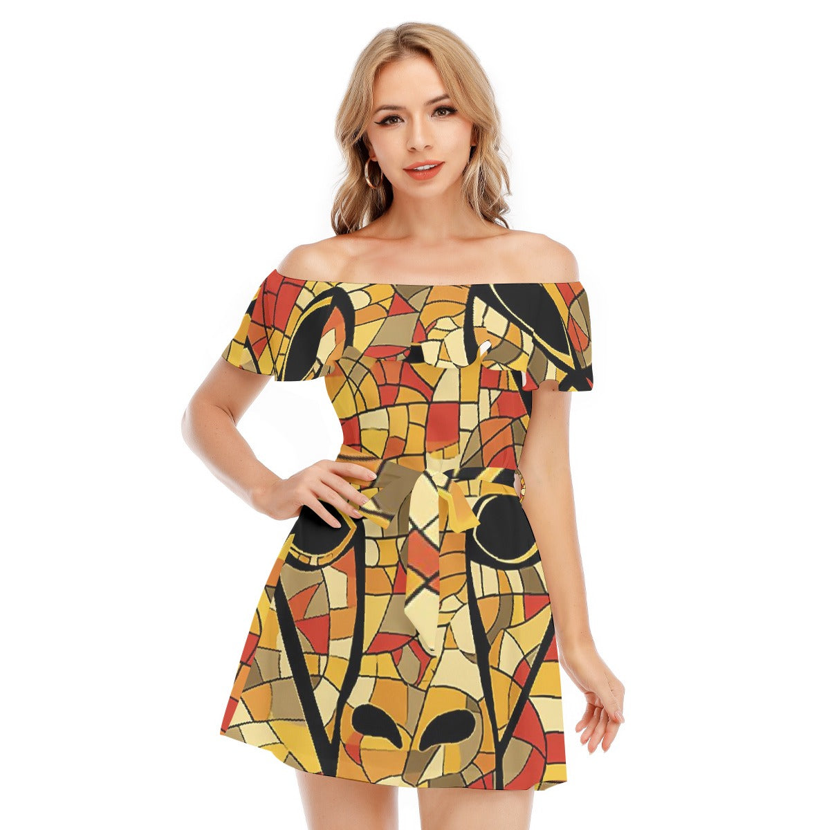 All-Over Print Women's Off-shoulder Dress With Ruffle