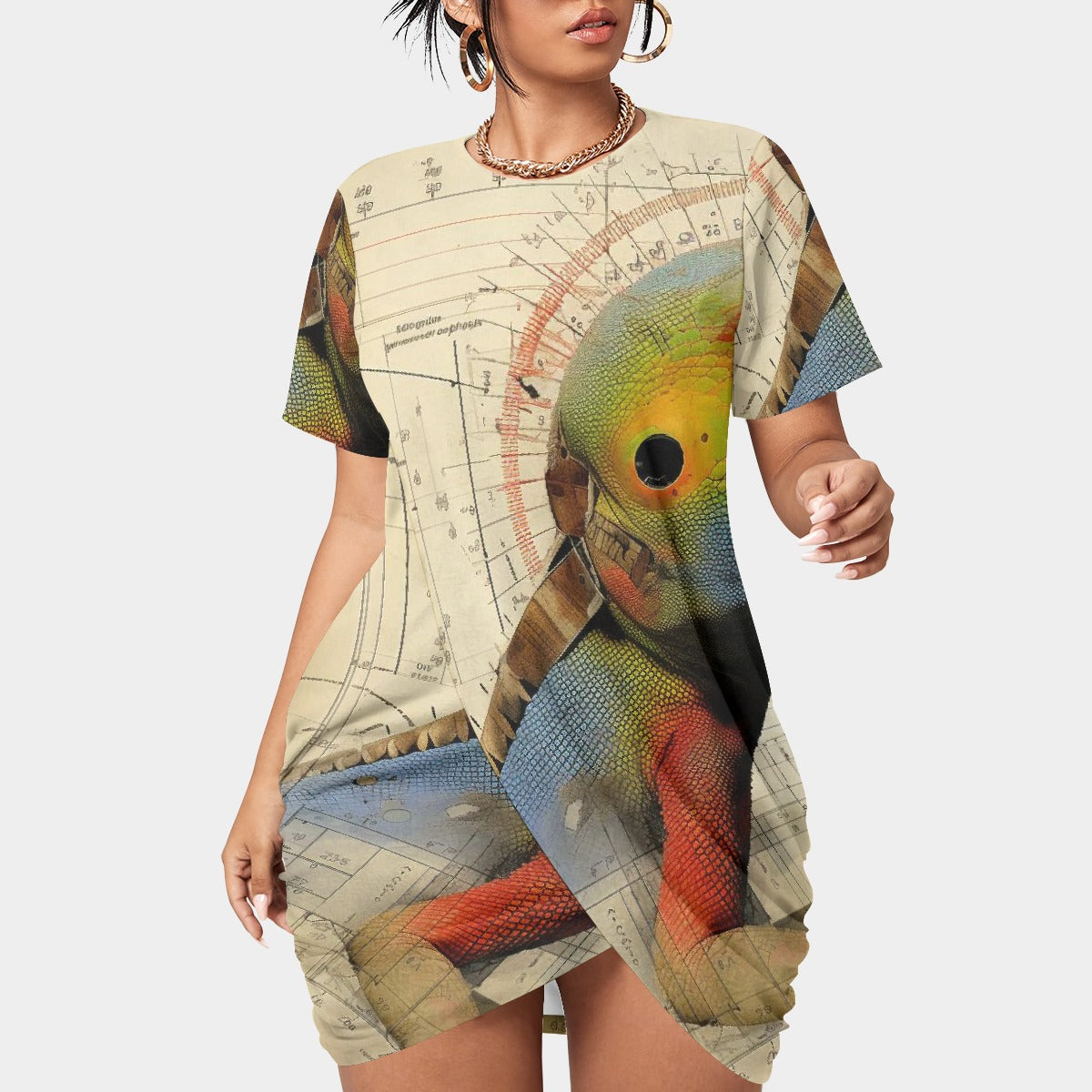 All-Over Print Women’s Stacked Hem Dress With Short Sleeve（Plus Size）