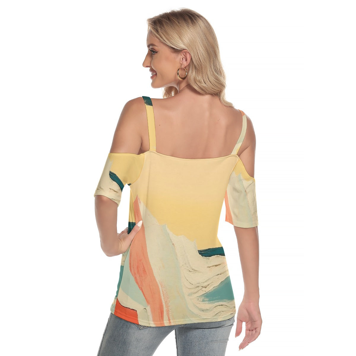 All-Over Print Women's Cold Shoulder T-shirt With Criss Cross Strips