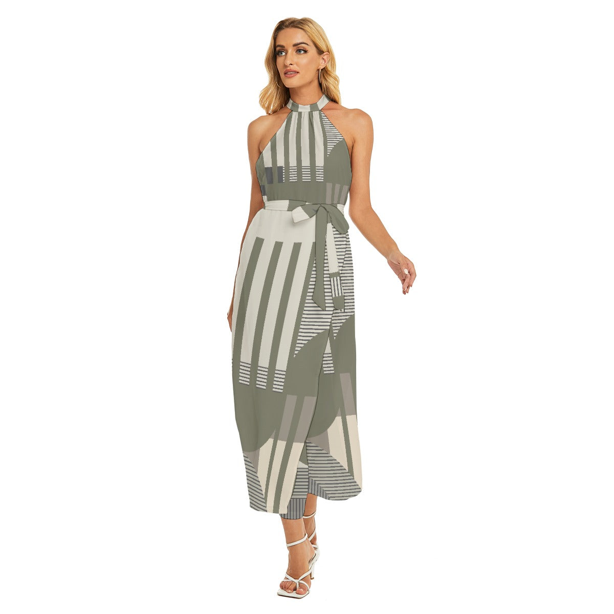 All-Over Print Women's Wrap Hem Belted Halter Dress