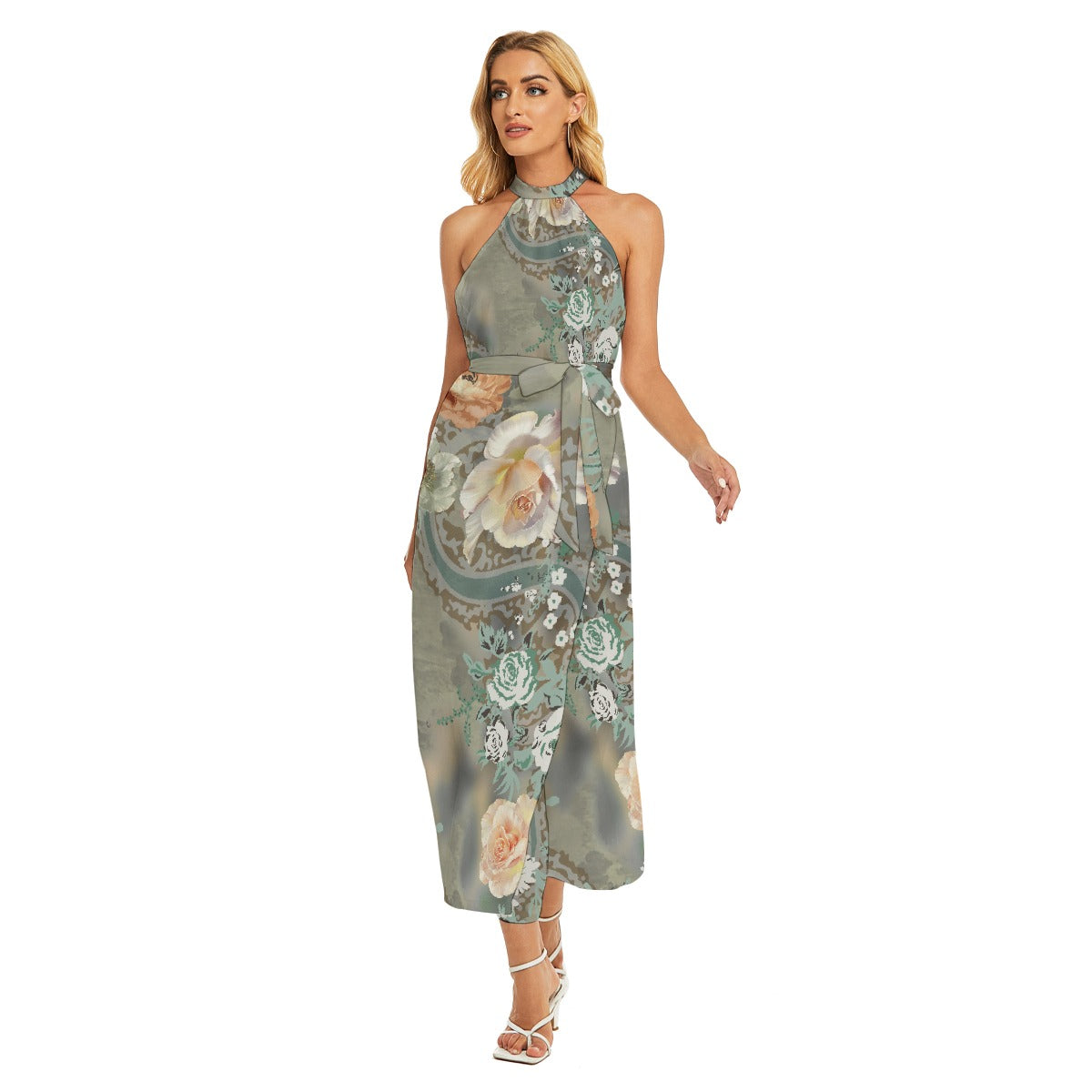 All-Over Print Women's Wrap Hem Belted Halter Dress