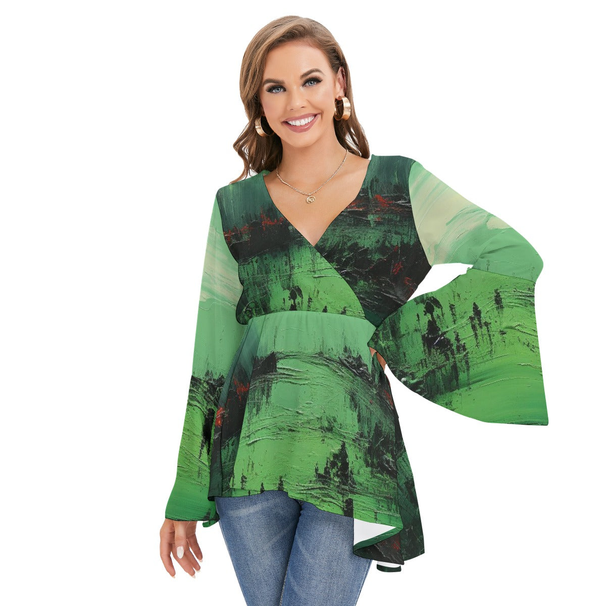 All-Over Print Women's V-neck Blouse With Flared Sleeves