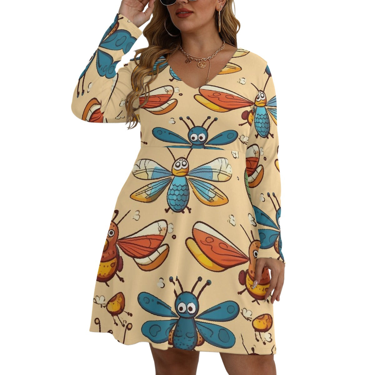 All-Over Print Women's V-neck Long Sleeve Dress(Plus Size)