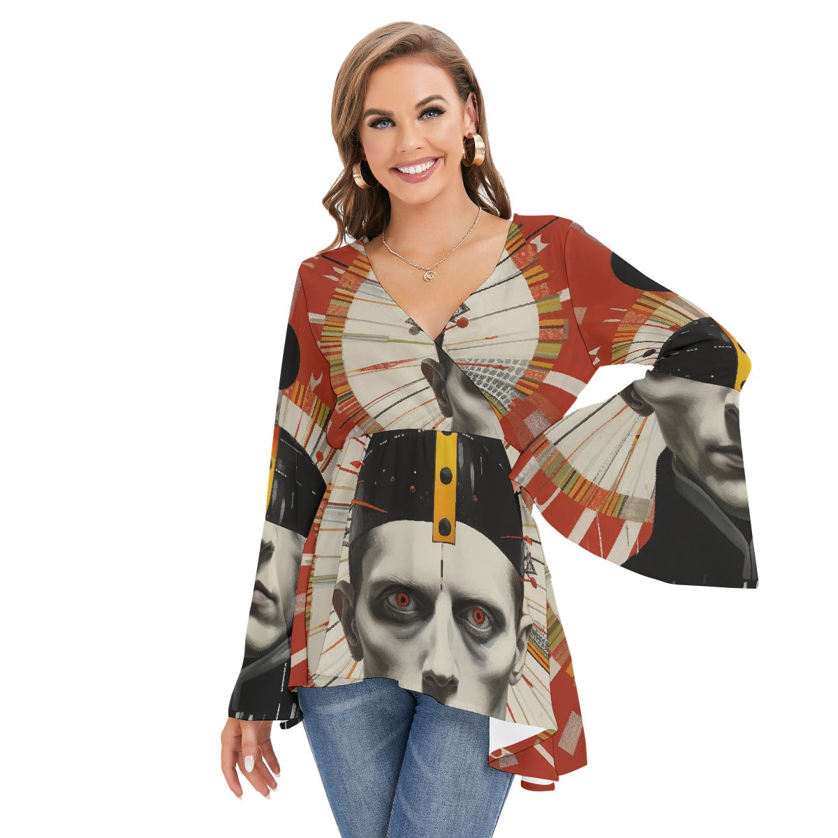 All-Over Print Women's V-neck Blouse With Flared Sleeves