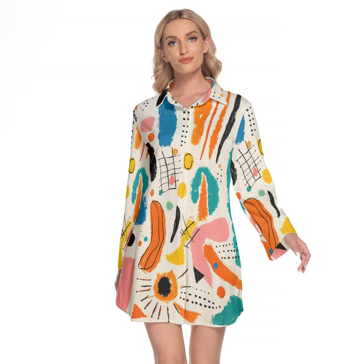 All-Over Print Women's Lapel Shirt Dress With Long Sleeve