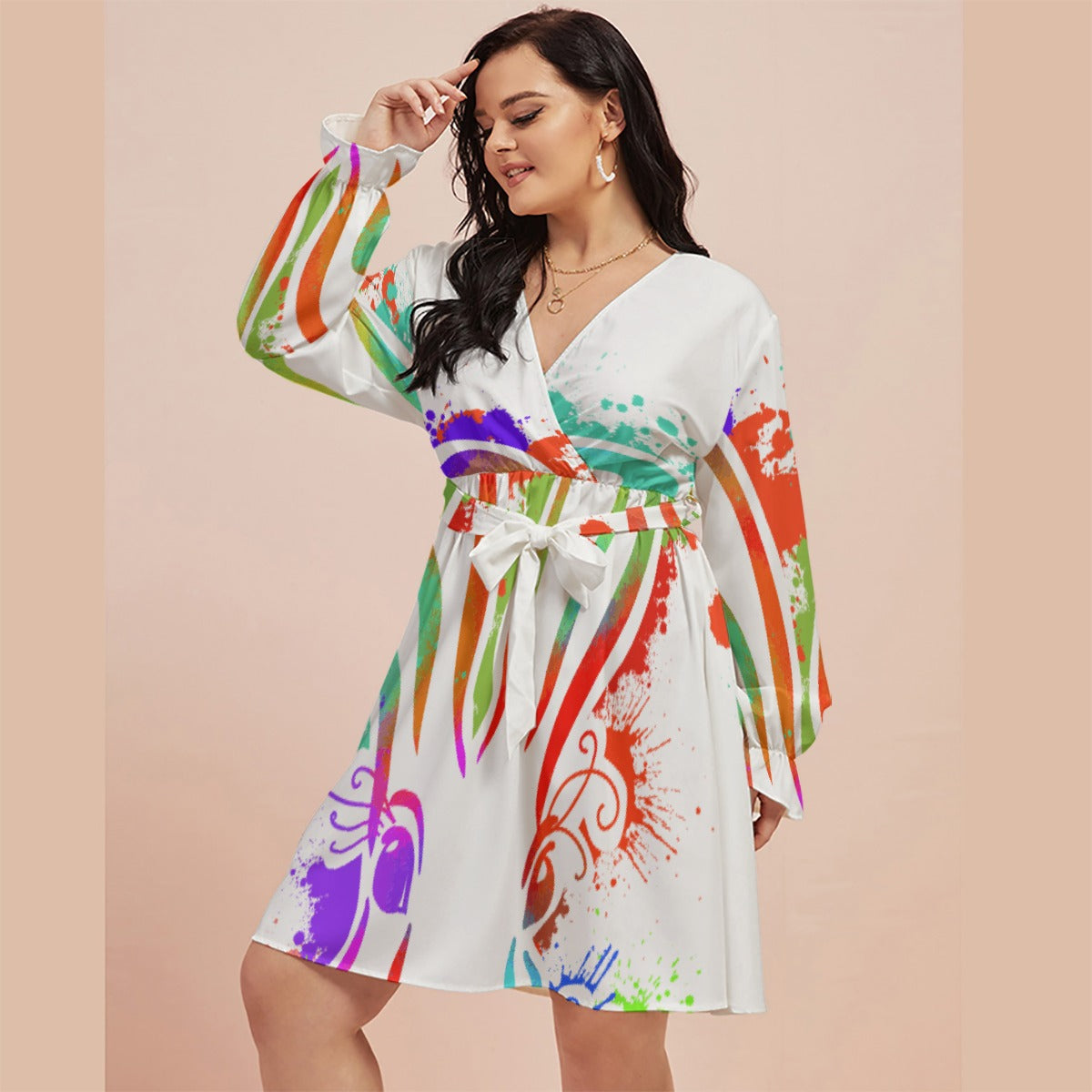 All-Over Print Women's V-neck Dress With Waistband(Plus Size)