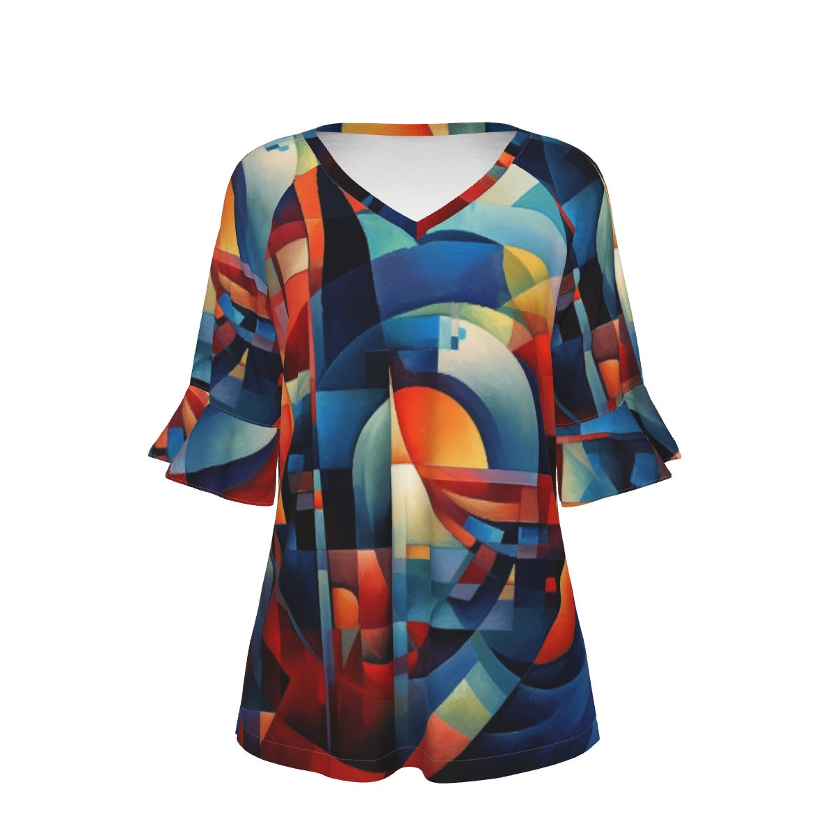 All-Over Print V-neck Women's T-shirt With Bell Sleeve