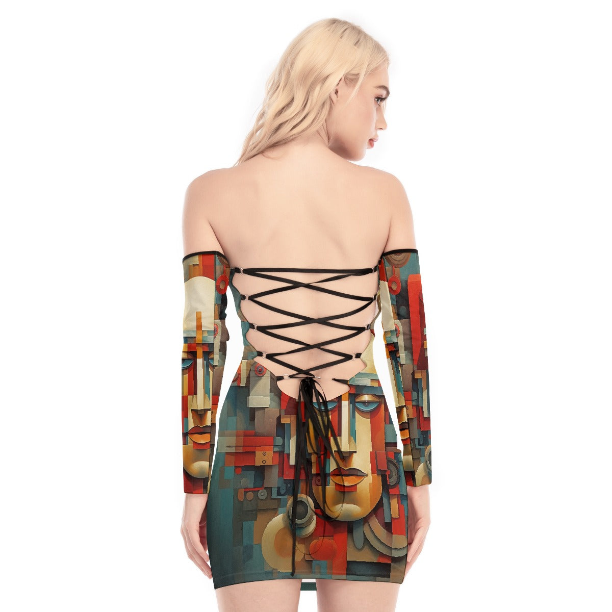 All-Over Print Women's Off-shoulder Back Lace-up Dress