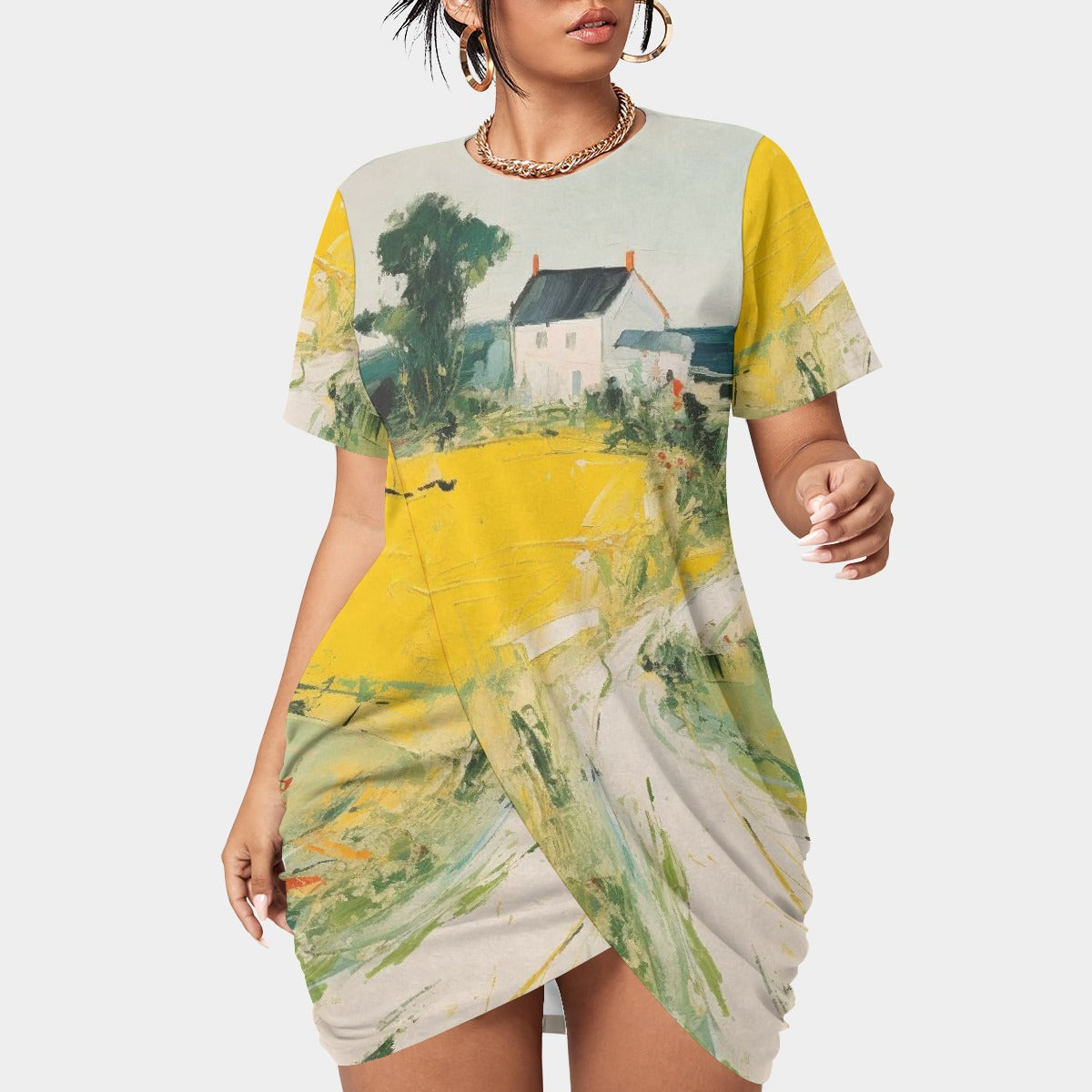 All-Over Print Women’s Stacked Hem Dress With Short Sleeve（Plus Size）