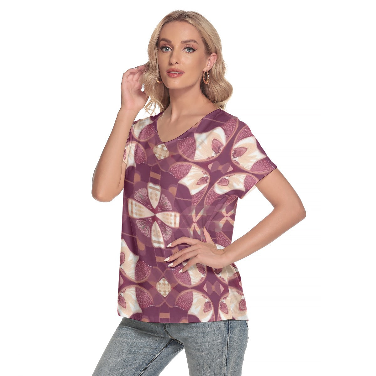 All-Over Print Women's Loose V-neck Short Sleeve T-shirt