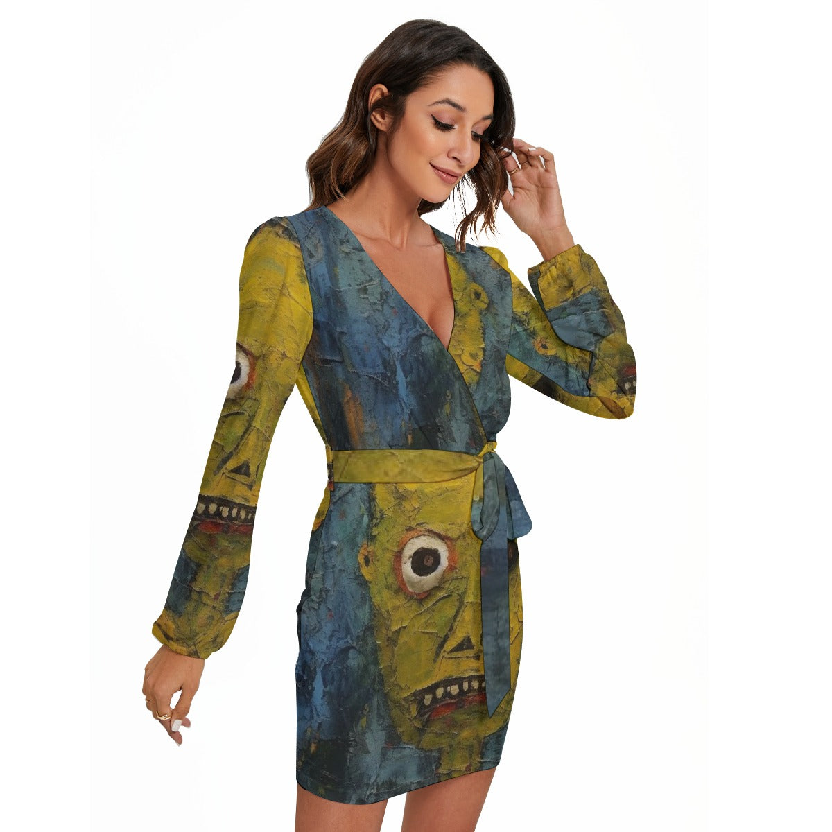 All-Over Print Women's Long Sleeve Dress With Waist Belt