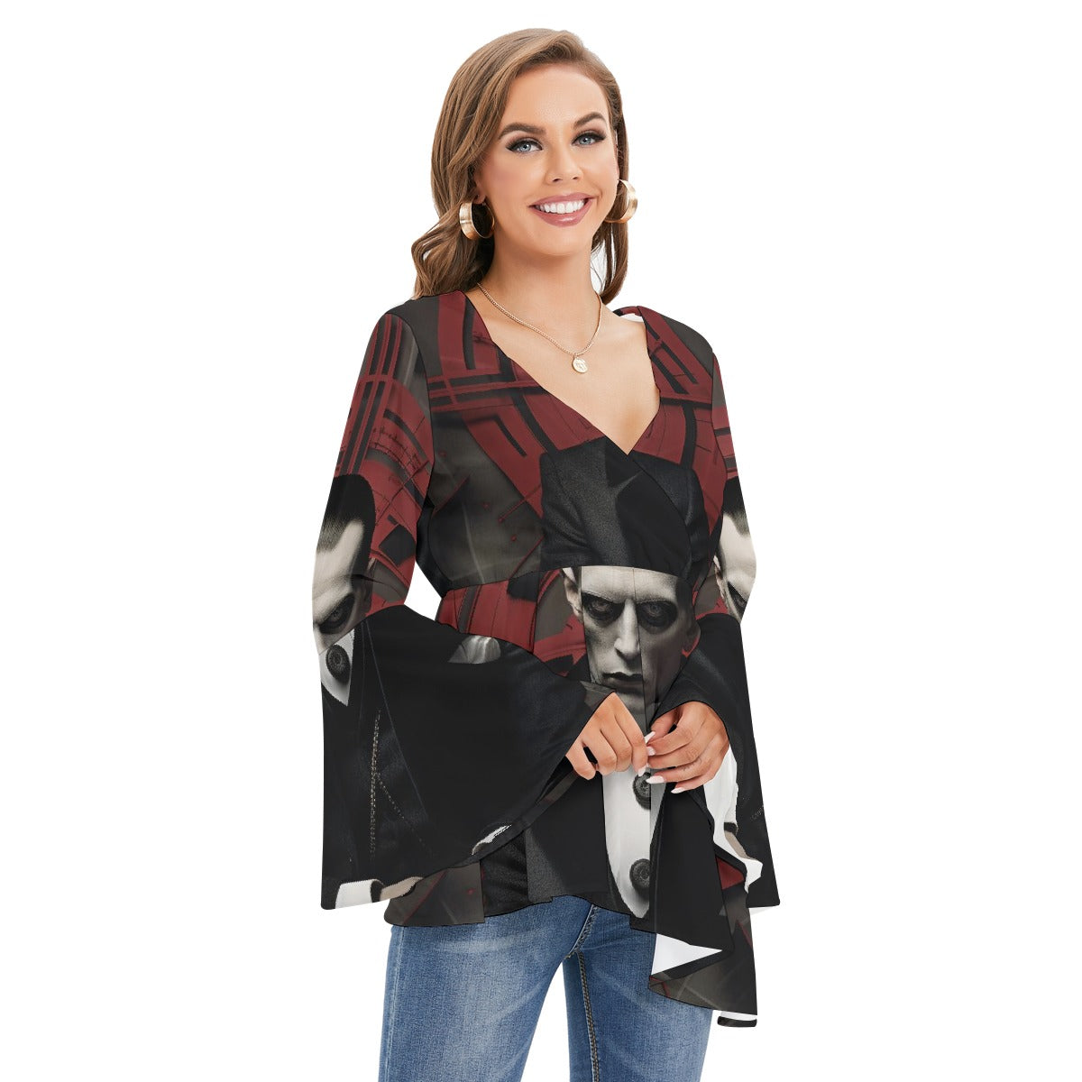 All-Over Print Women's V-neck Blouse With Flared Sleeves