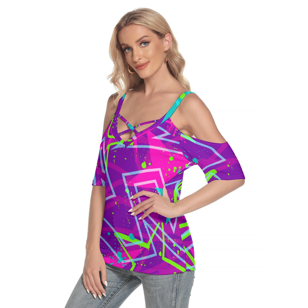 All-Over Print Women's Cold Shoulder T-shirt With Criss Cross Strips