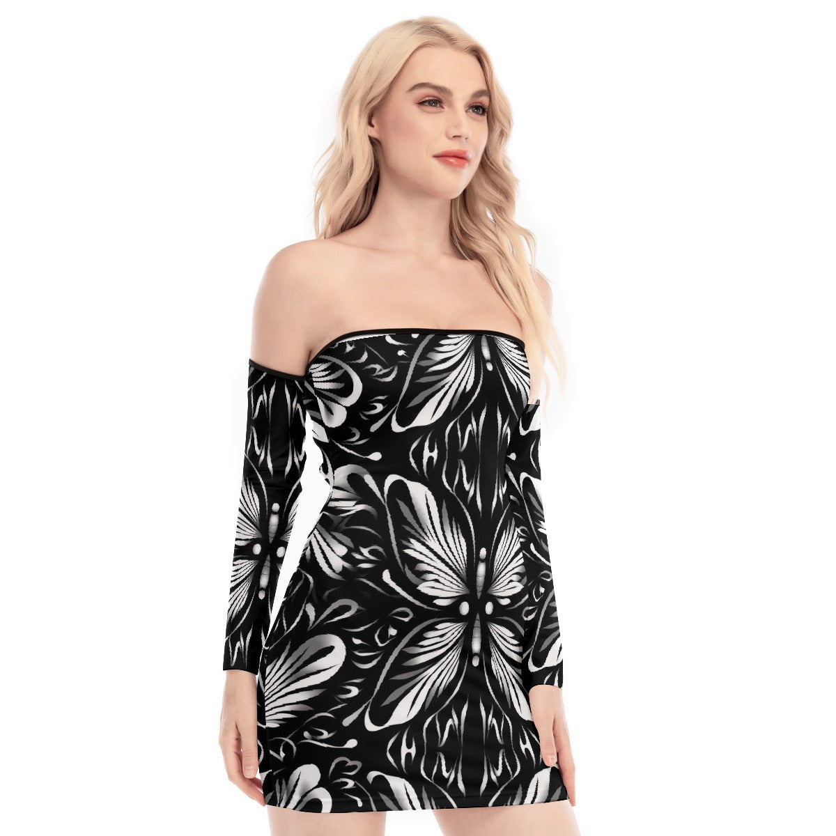 All-Over Print Women's Off-shoulder Back Lace-up Dress