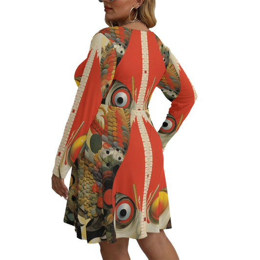 All-Over Print Women's V-neck Long Sleeve Dress(Plus Size)