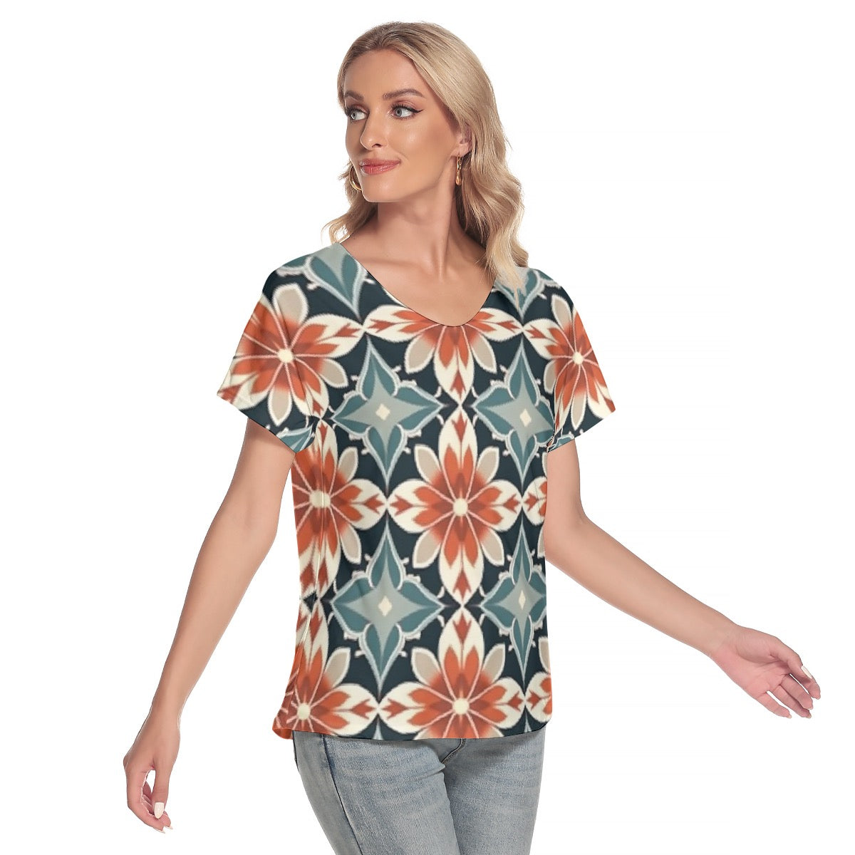 All-Over Print Women's Loose V-neck Short Sleeve T-shirt