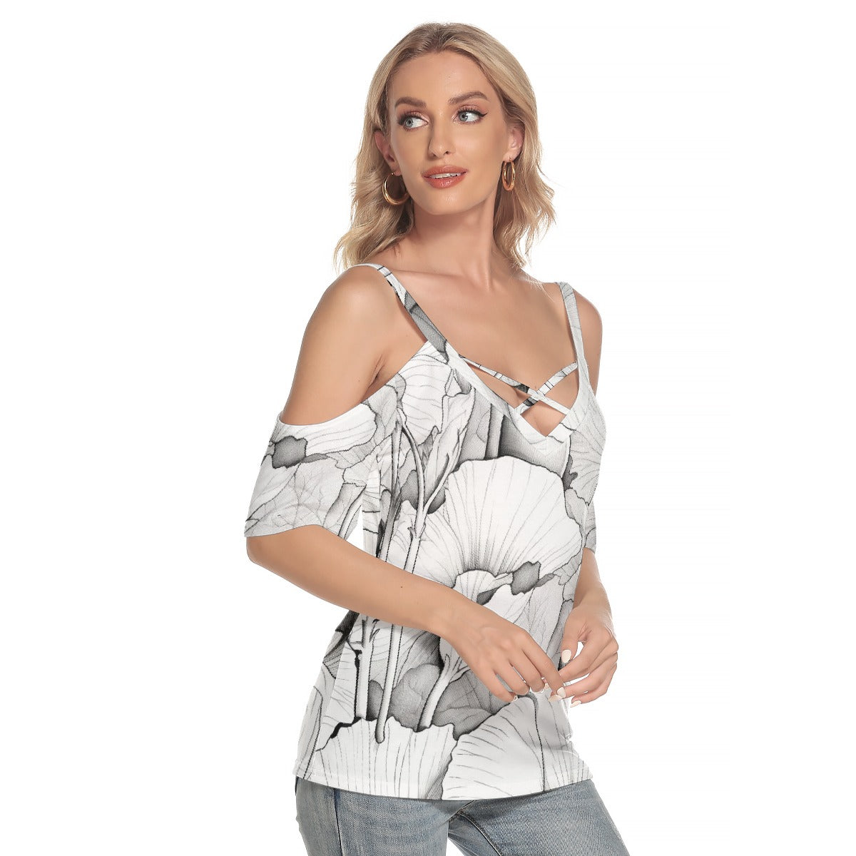 All-Over Print Women's Cold Shoulder T-shirt With Criss Cross Strips