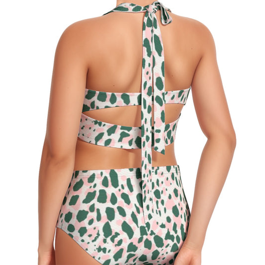 All-Over Print Women's Swimsuit Set With Halter