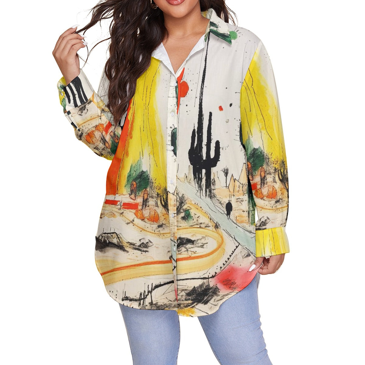 All-Over Print Women's Shirt With Long Sleeve(Plus Size)