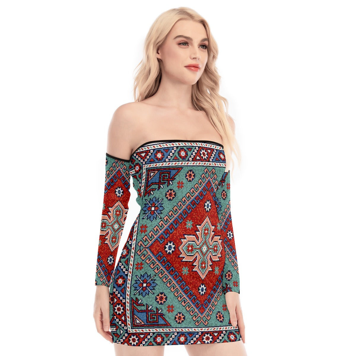 All-Over Print Women's Off-shoulder Back Lace-up Dress