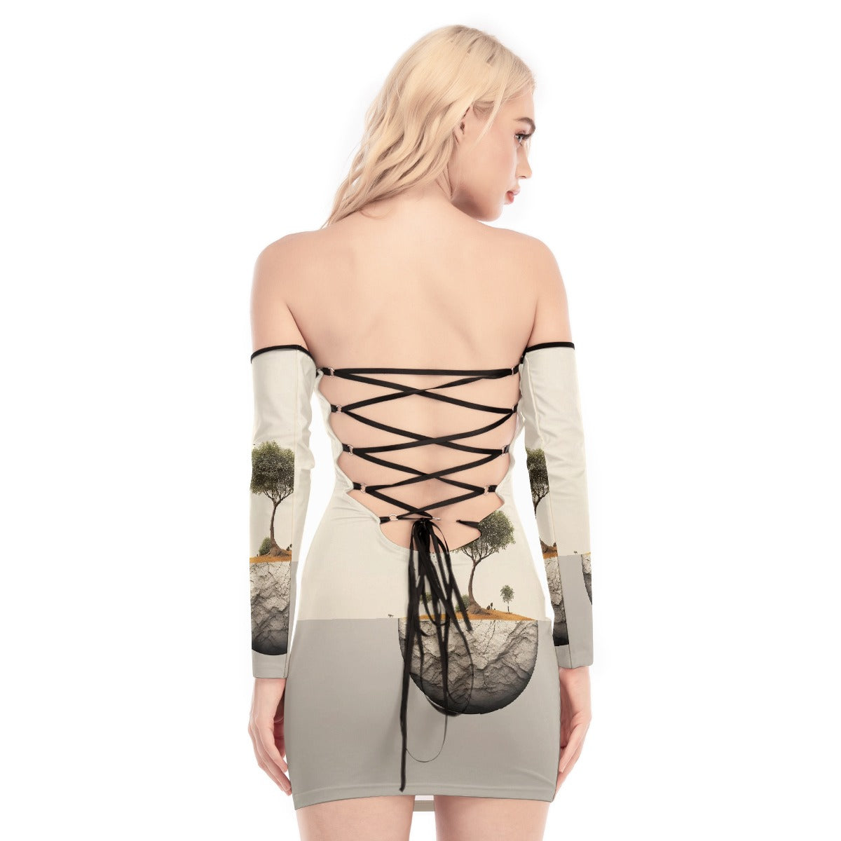 All-Over Print Women's Off-shoulder Back Lace-up Dress