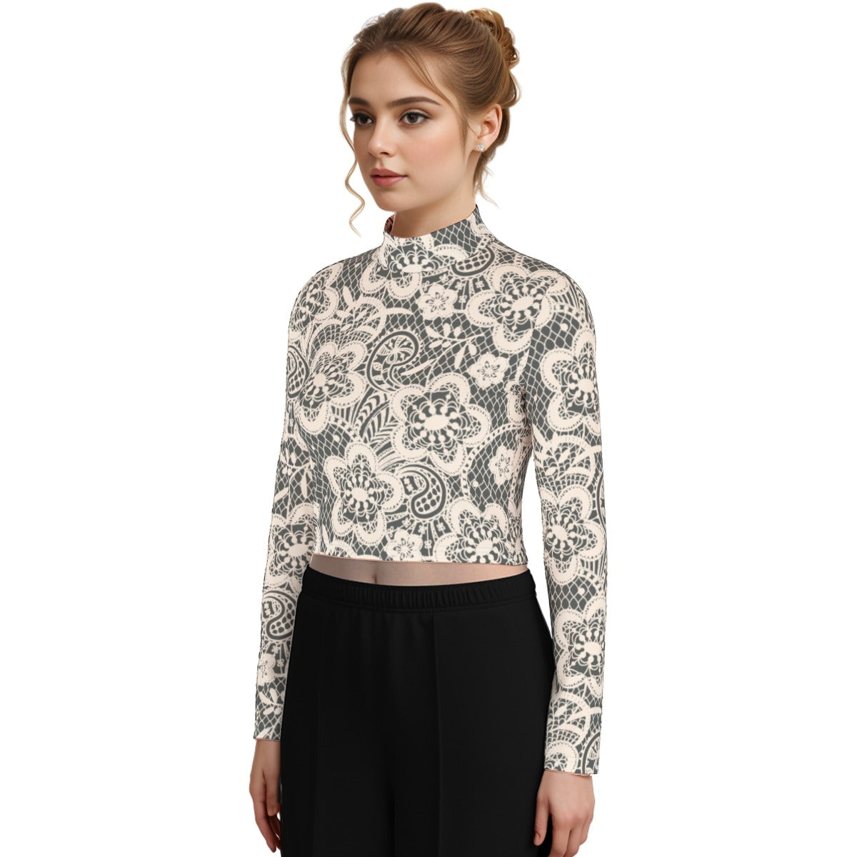 Eco-Friendly All-Over Print Women's Turtleneck T-shirt With Long Sleeve