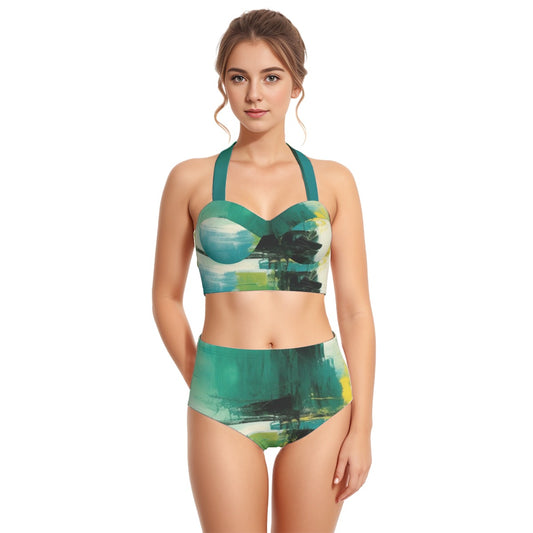 All-Over Print Women's Swimsuit Set With Halter