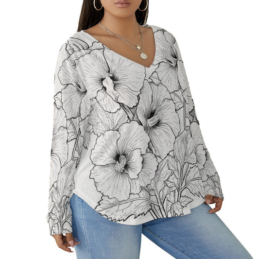 All-Over Print Women's V-neck T-shirt With Curved Hem(Plus Size)