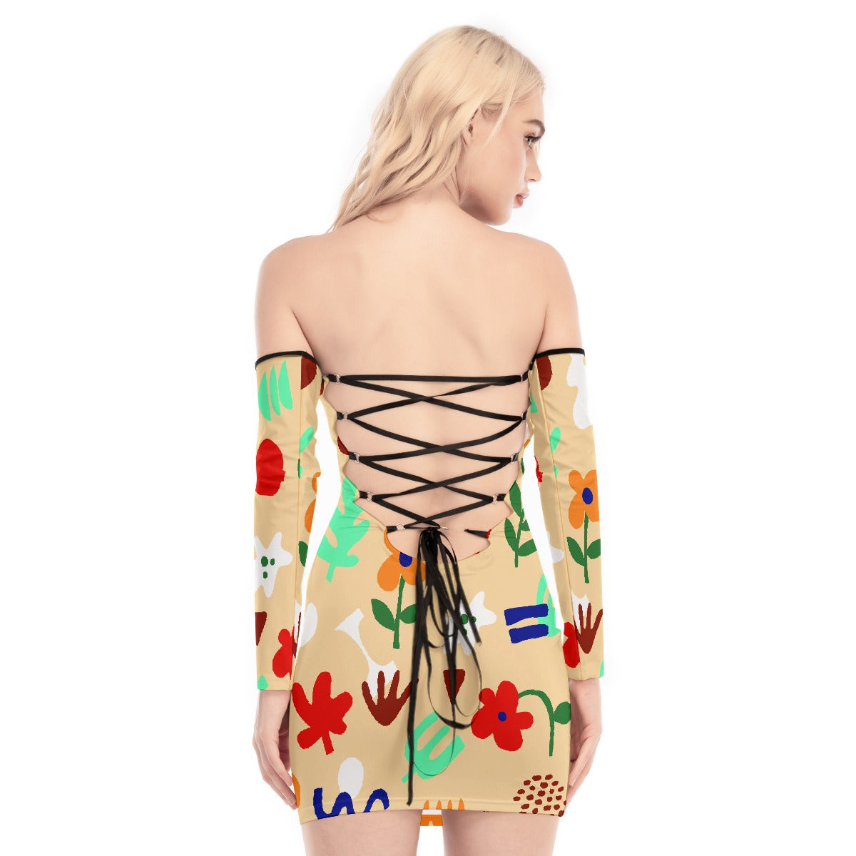 All-Over Print Women's Off-shoulder Back Lace-up Dress