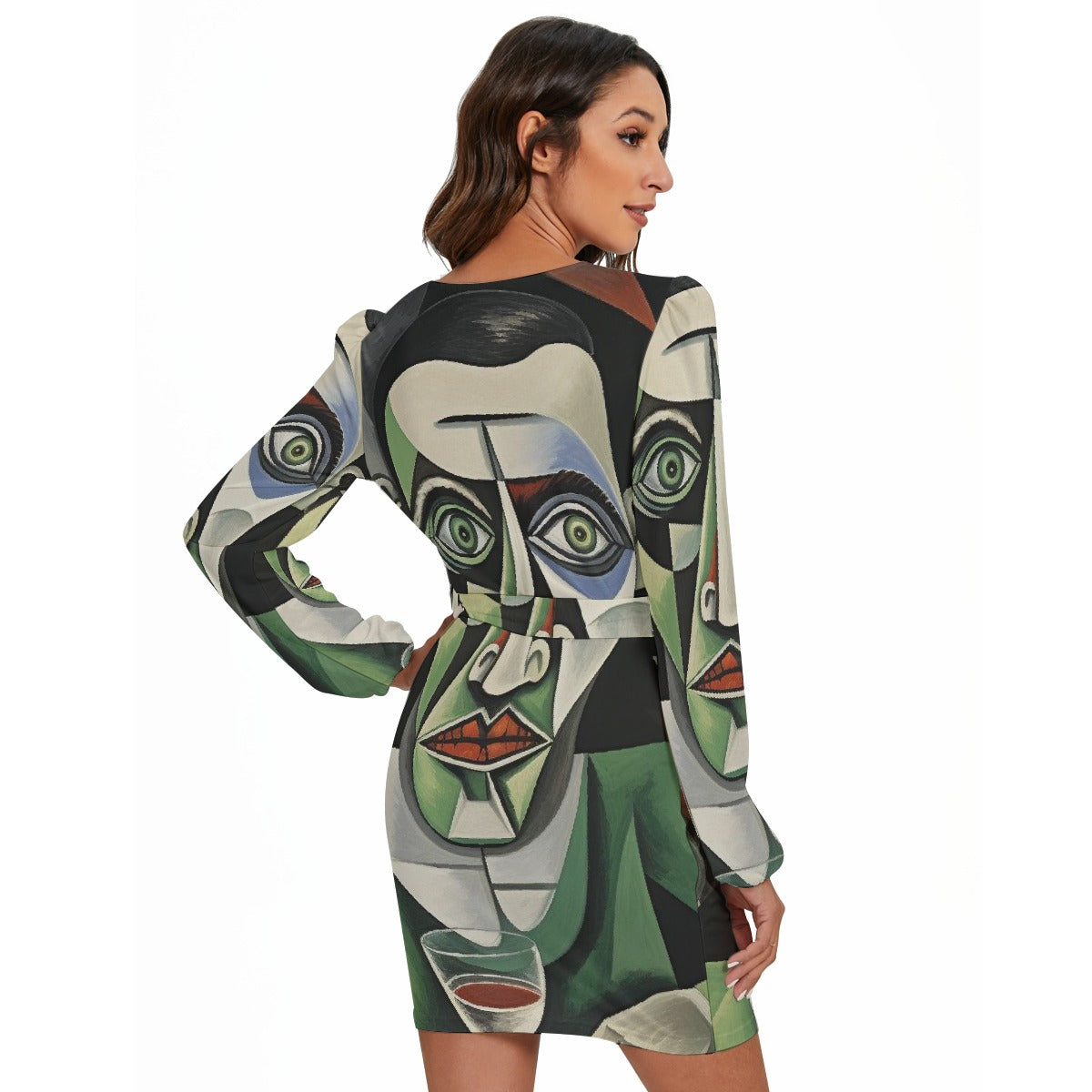 All-Over Print Women's Long Sleeve Dress With Waist Belt