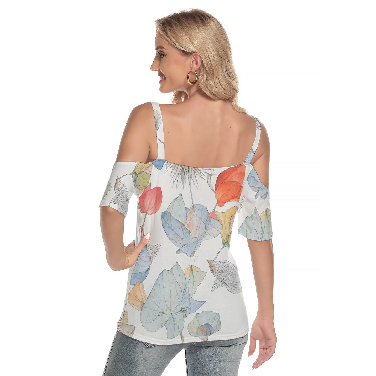 All-Over Print Women's Cold Shoulder T-shirt With Criss Cross Strips